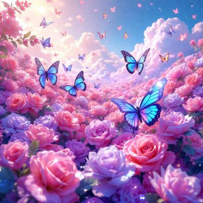 The primary subject of the image is a field of pink and purple flowers, with a variety of butterflies flying around them. The setting is a beautiful, colorful sky, creating a vibrant and lively atmosphere. The visual style is a combination of photo and digital art, with the flowers and butterflies appearing to be realistically rendered while the sky is a more artistic and whimsical element. The colors and mood of the image are predominantly pink and purple, with a